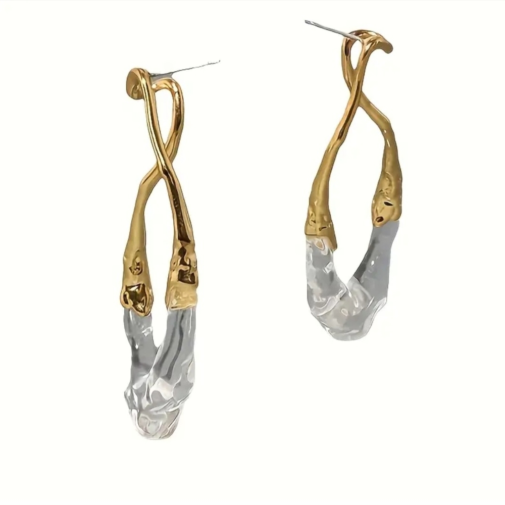 Gold Clear RESIN Lucite Hoop Earrings. Designer LOOKS 4 LESS New Top Seller - Picture 2 of 6